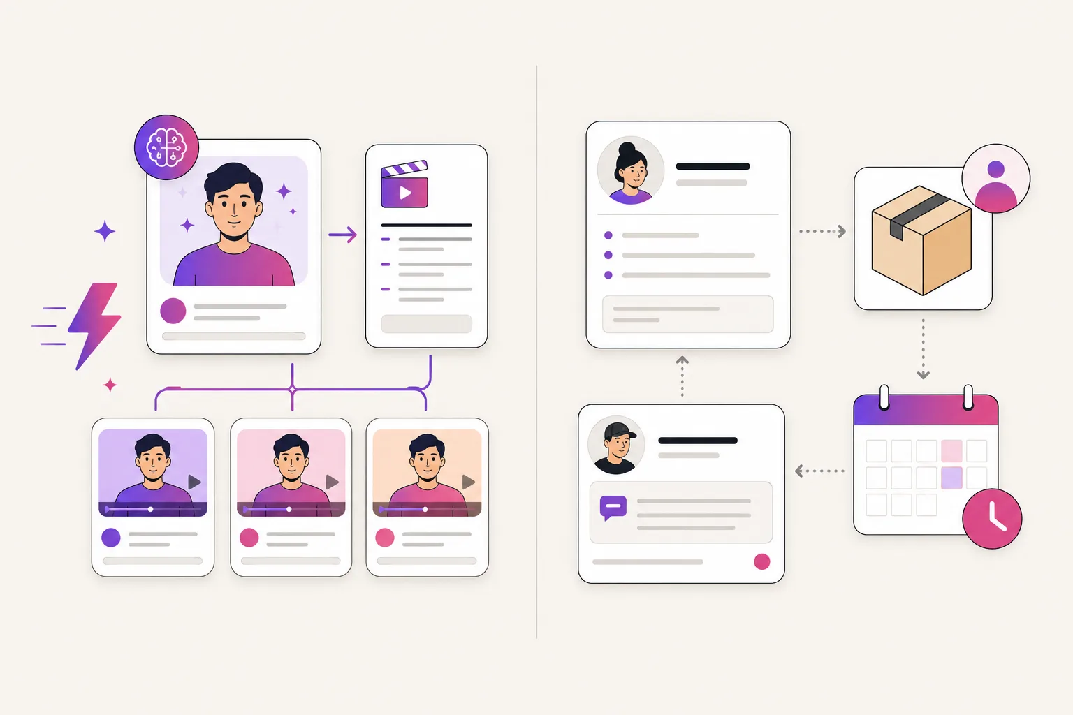 Illustration comparing an AI actor testing workflow with a human creator briefing workflow
