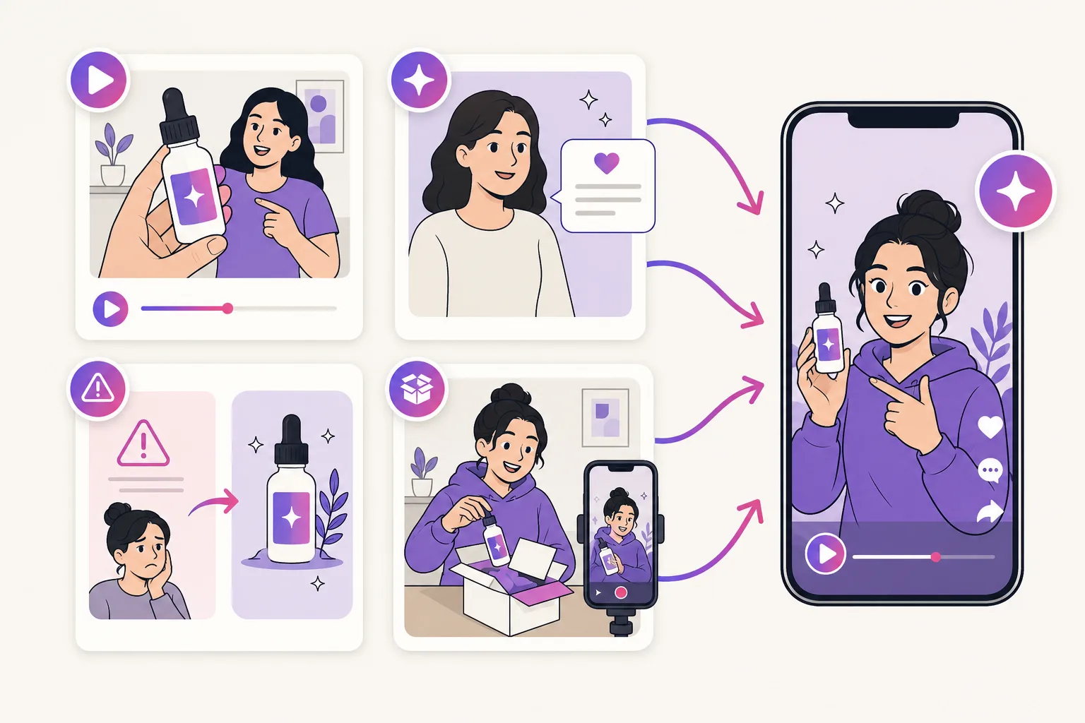 Illustration of AI UGC actors generating product demos, testimonial-style ads, problem hooks, and unboxing routines