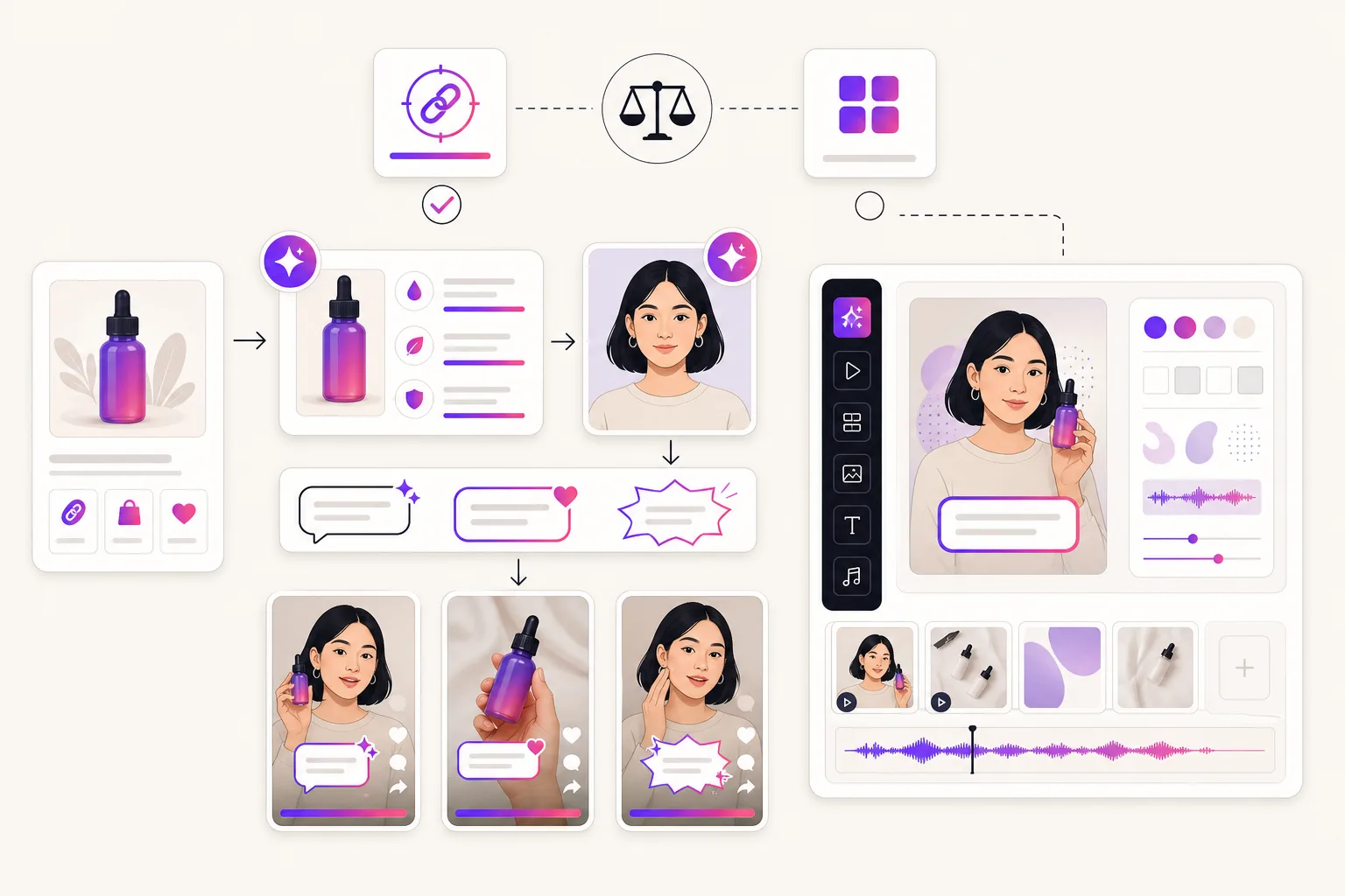 Illustration comparing a broad AI ad studio with a product-link UGC ad workflow
