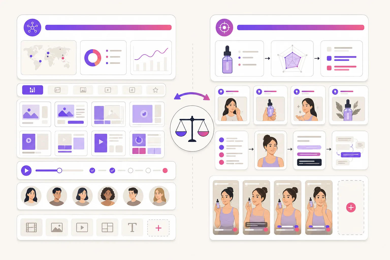 Illustration comparing a broad AI ad suite with a focused product-link UGC ad workflow