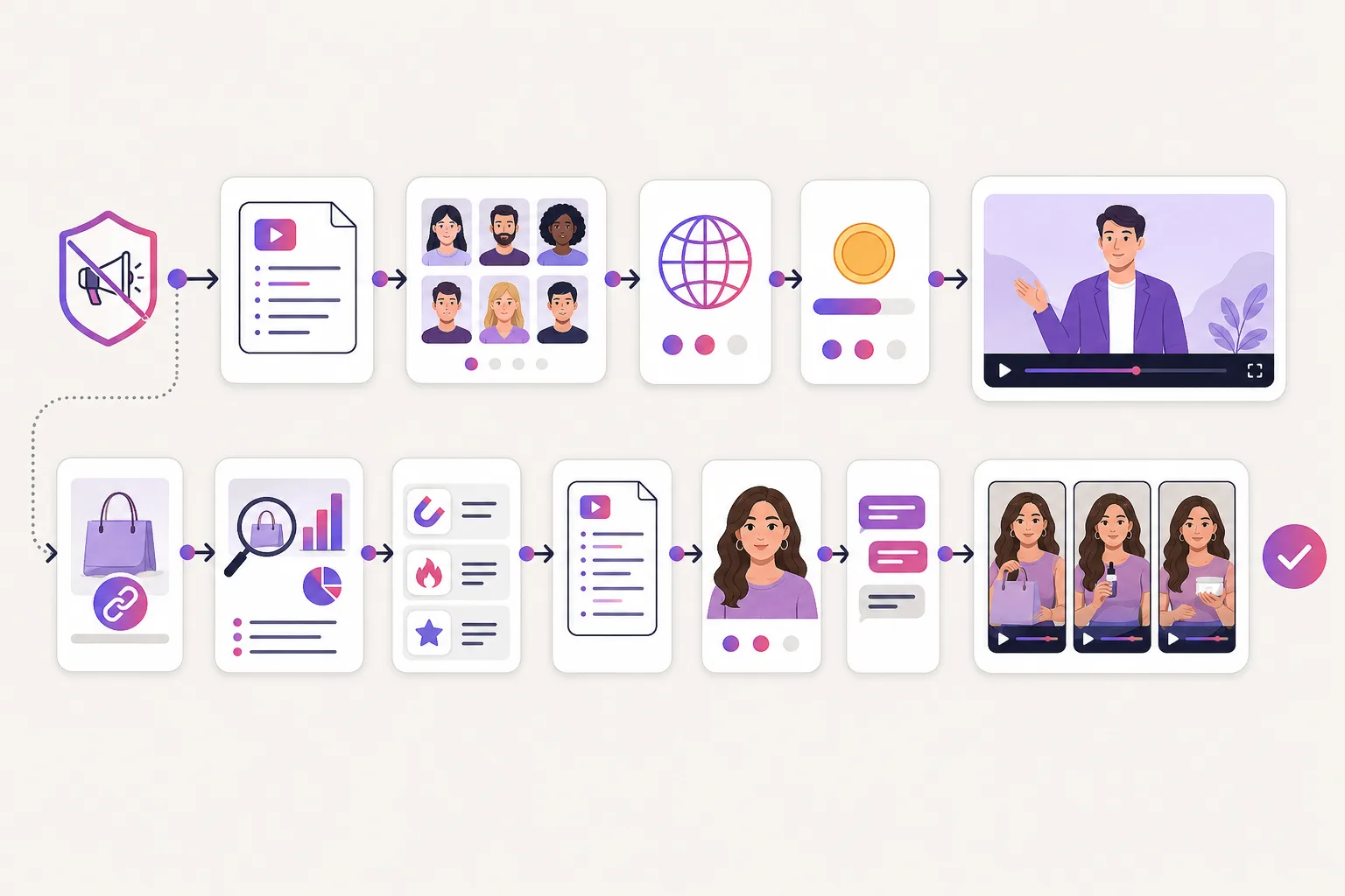 Illustration of two paths: script plus avatar picker, versus product link to vertical UGC ad variants