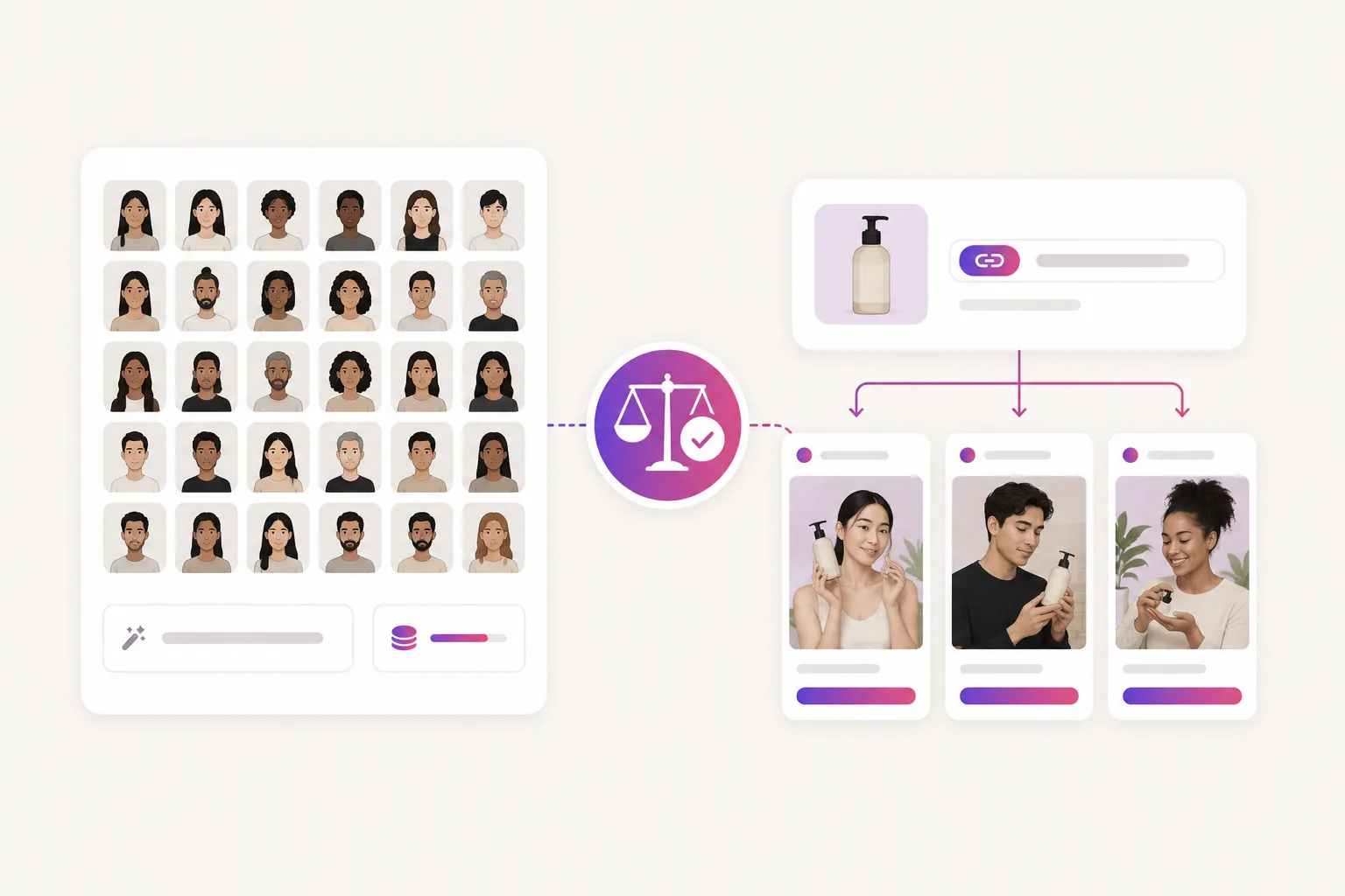 Illustration contrasting a large avatar library with a product-link UGC ad workflow