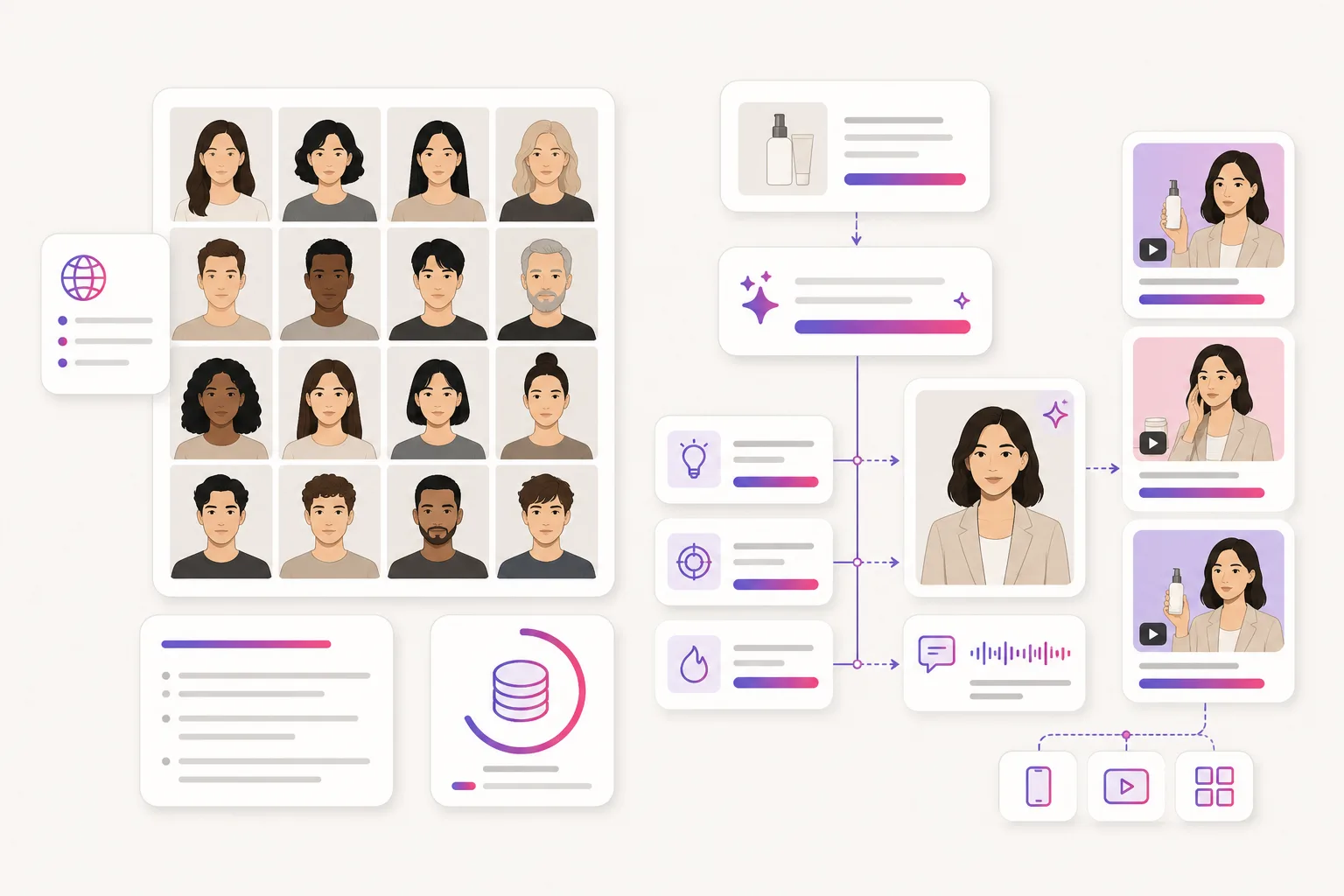Illustration comparing an avatar library workspace with a product-led ad creative sequence