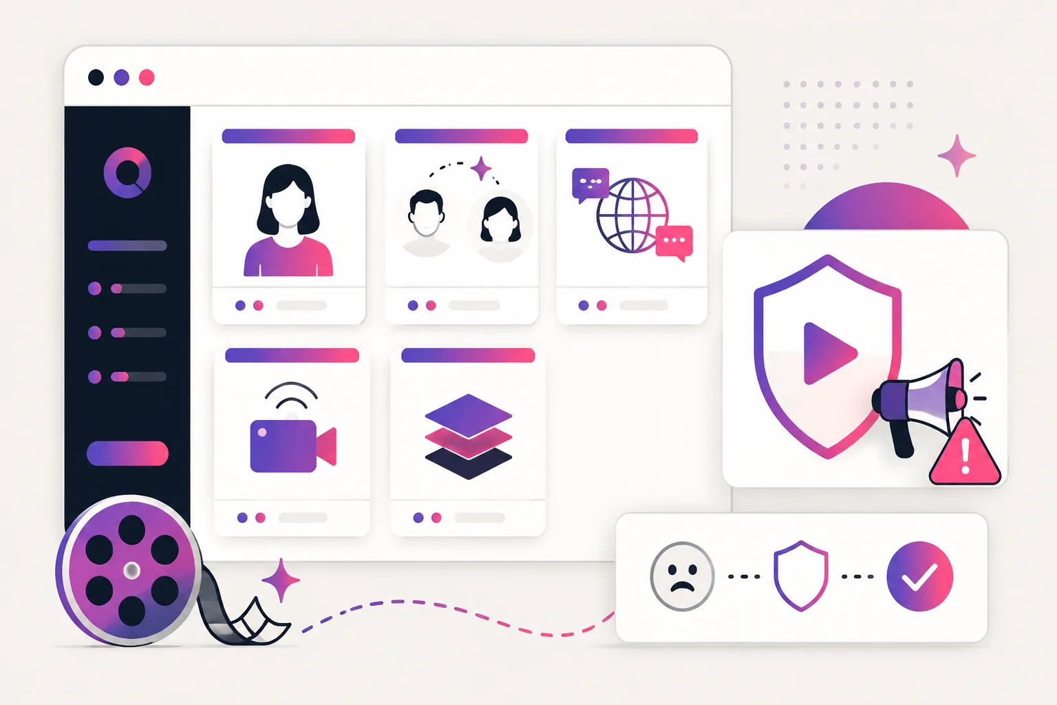 Illustration comparing a broad AI video suite workspace with paid UGC ad fit and licensing checks