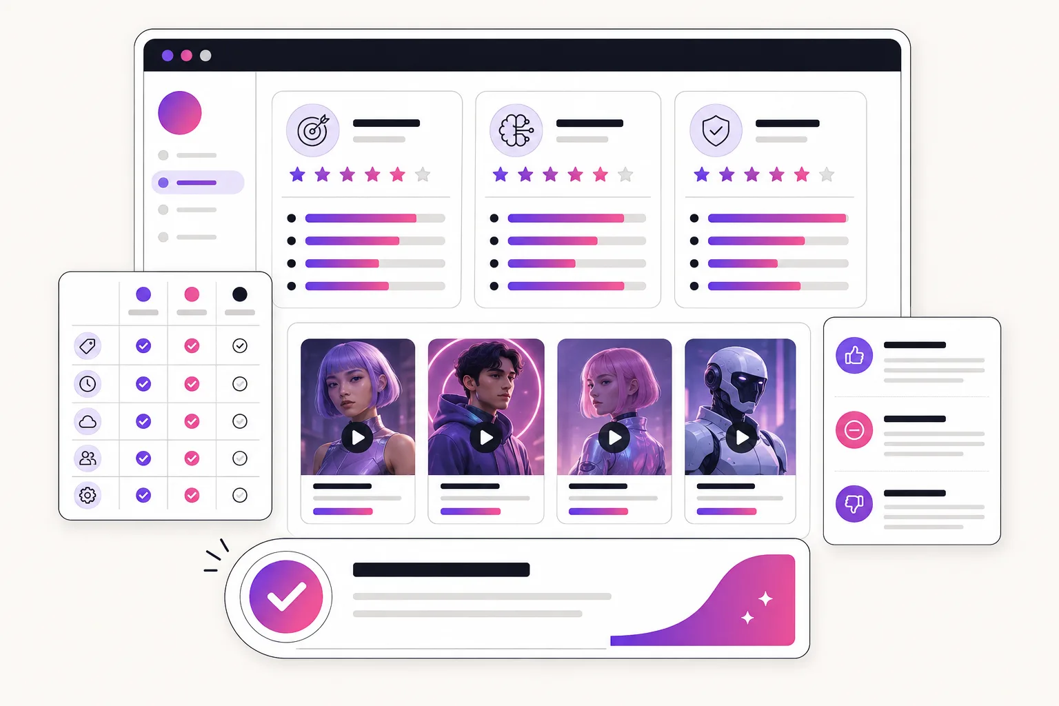 Illustration of an AI ad tool review dashboard with verdict, pricing, and video ad panels