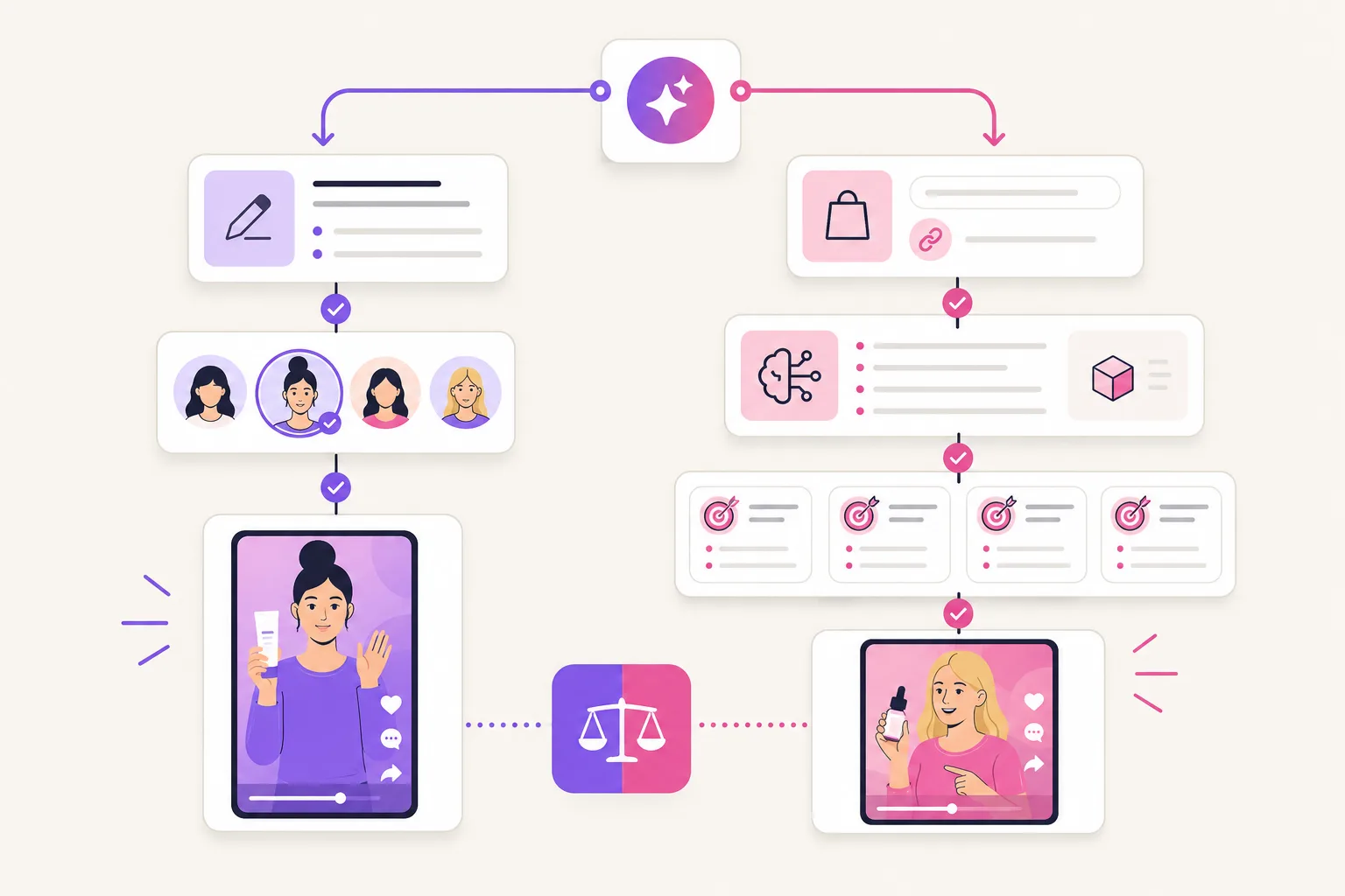 Illustration of a decision flow comparing script-led AI avatar production and product-link UGC ad generation