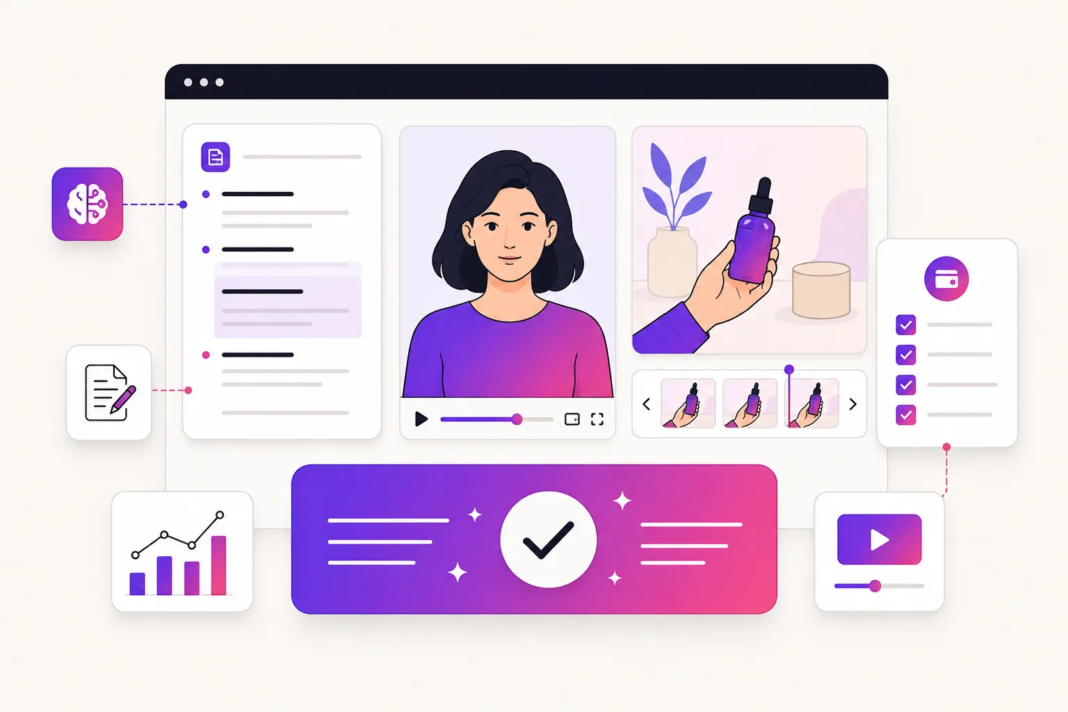 Illustration of a MakeUGC review workspace with an avatar, script, product scene, and pricing checks