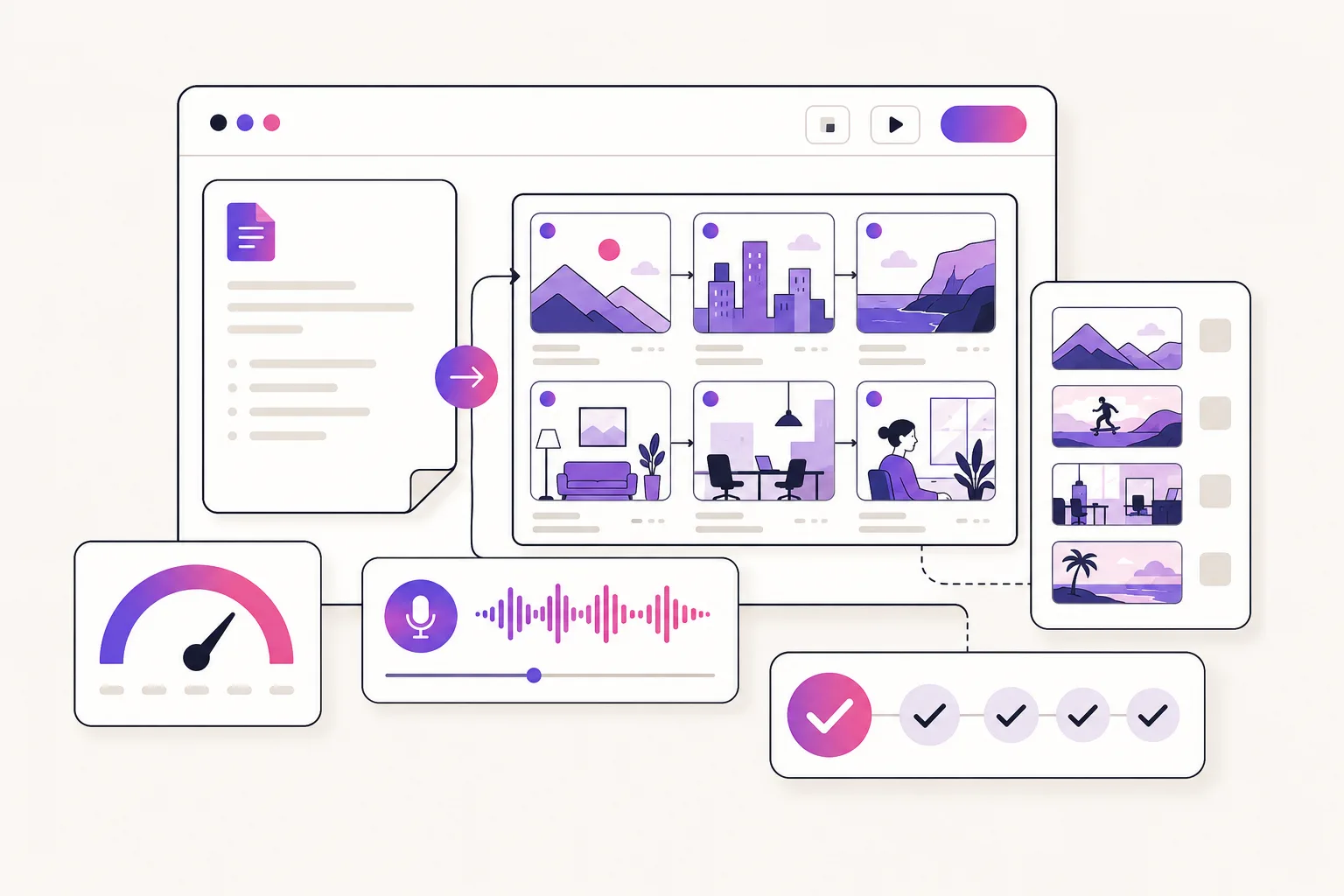 Illustration comparing a text-to-video stock footage workspace with paid UGC ad fit checks