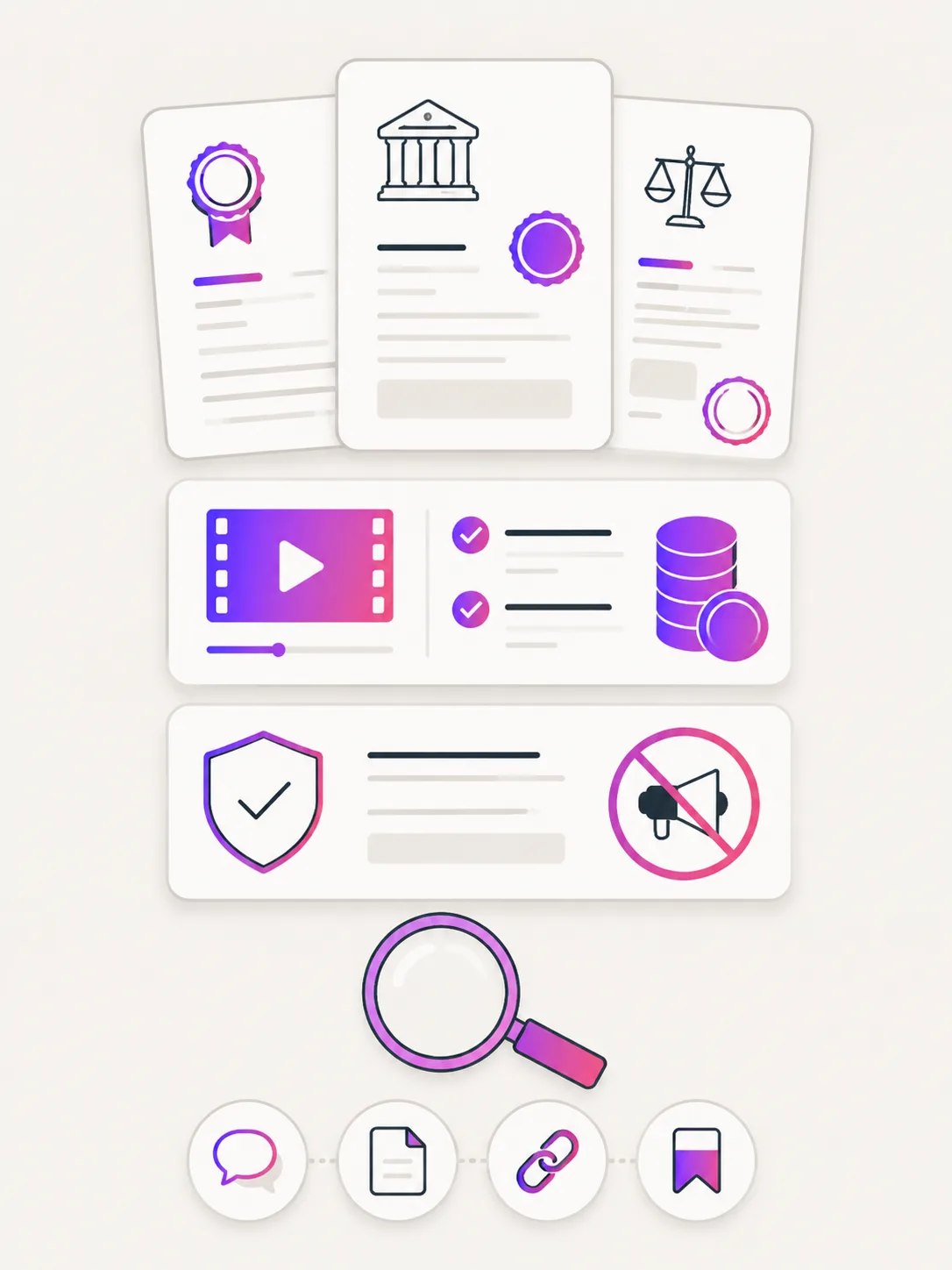 Illustration of official documentation, credit, and licensing checks for an AI video review