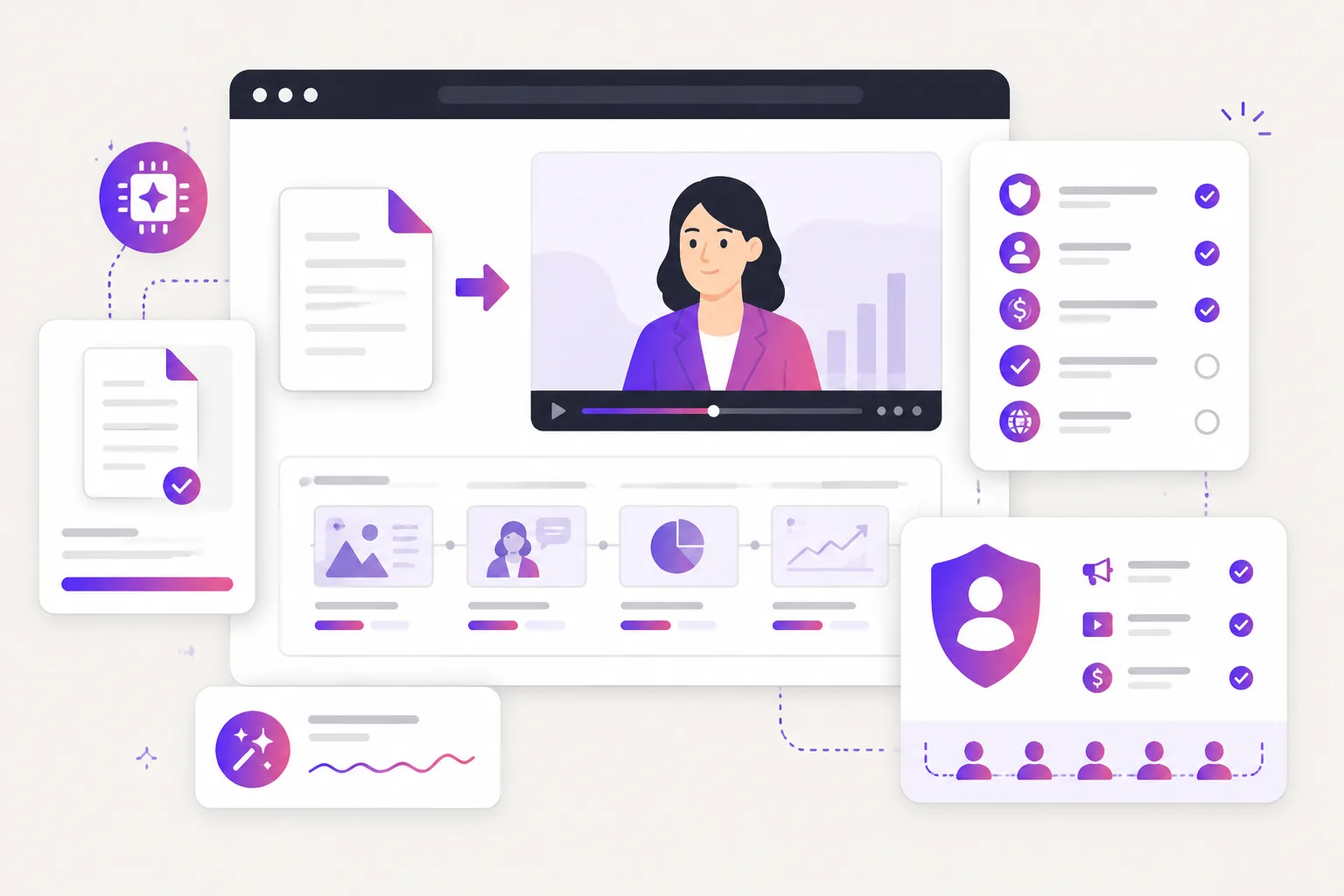 Illustration comparing an AI business video workspace with paid UGC ad fit and licensing checks