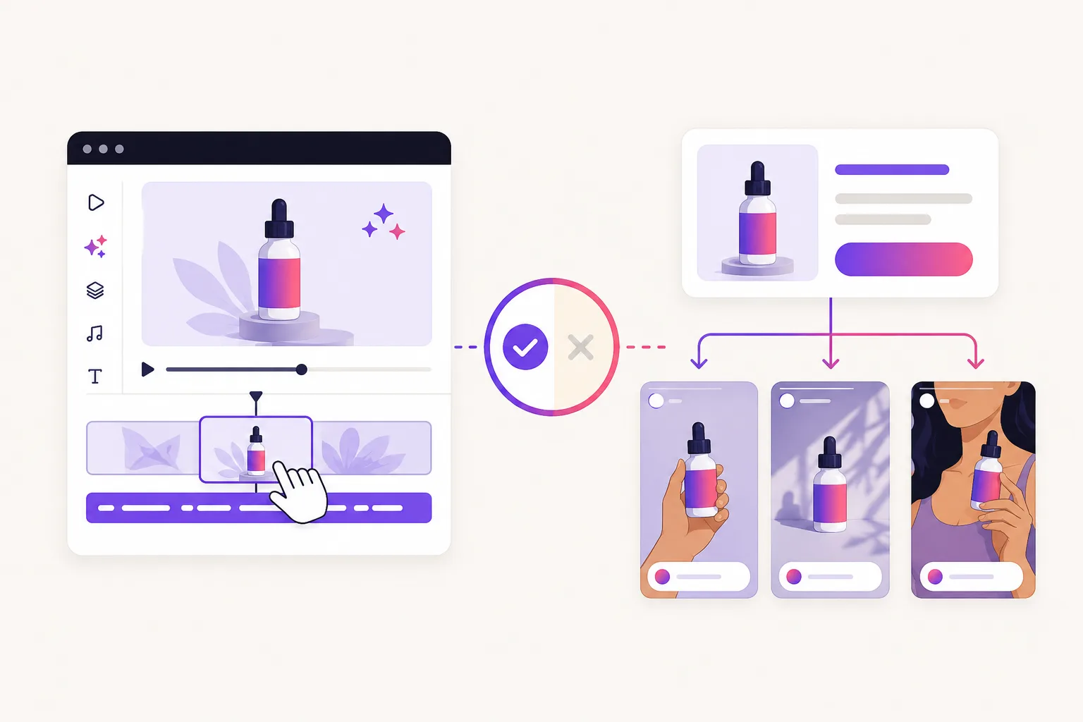 Illustration of a quick fit verdict between a browser video editor and a product-link UGC ad workflow