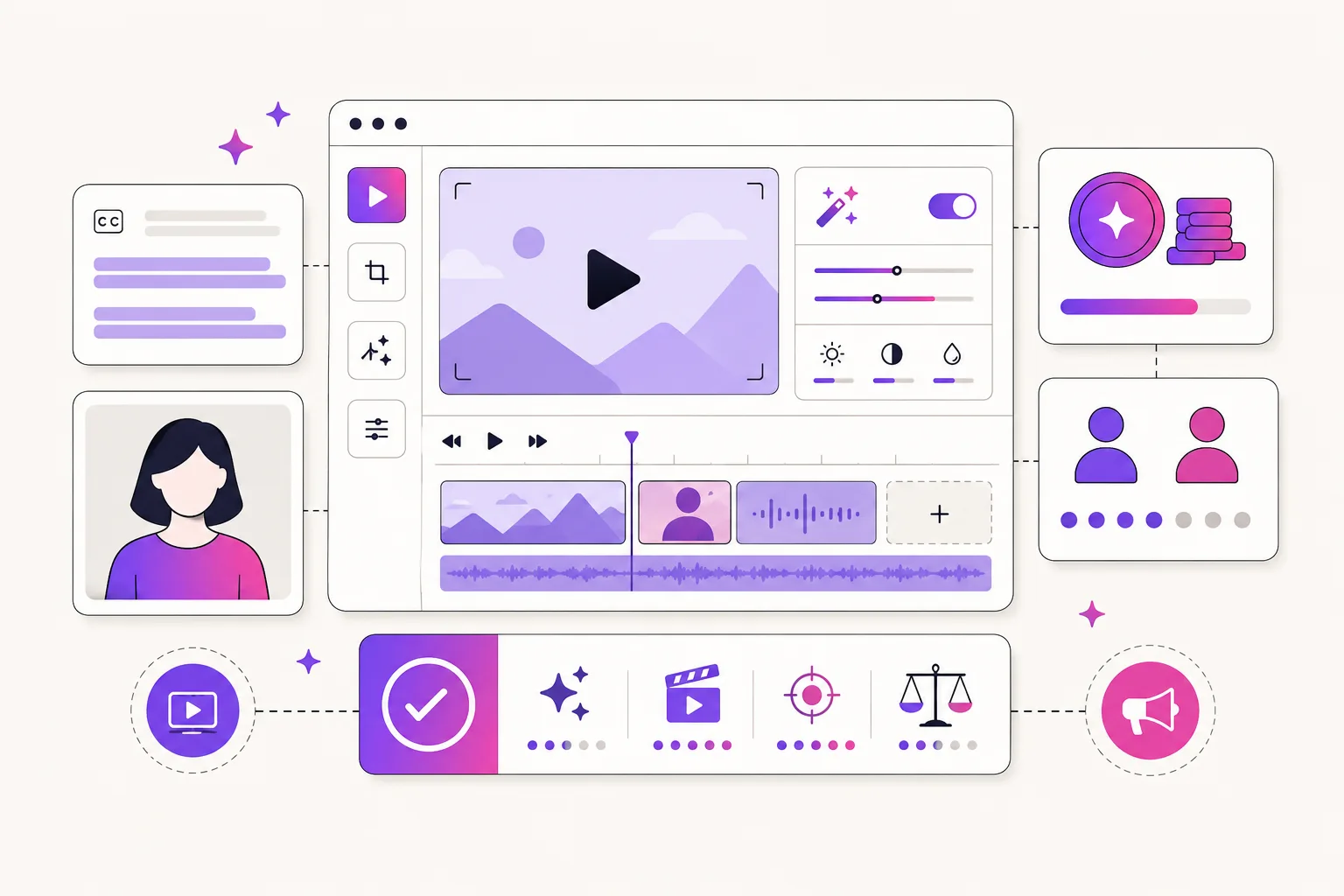 Illustration comparing a browser video editor workspace with paid UGC ad fit and credit checks