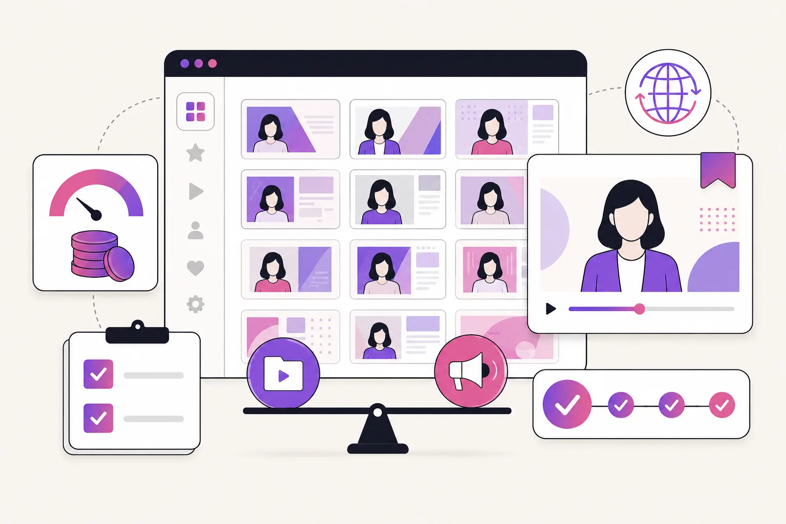 Illustration comparing a template avatar video workspace with credit-cost and commercial-use checks