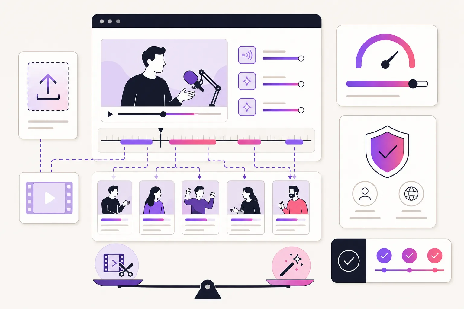 Illustration comparing a long-video clipping workspace with paid UGC ad fit and source-rights checks