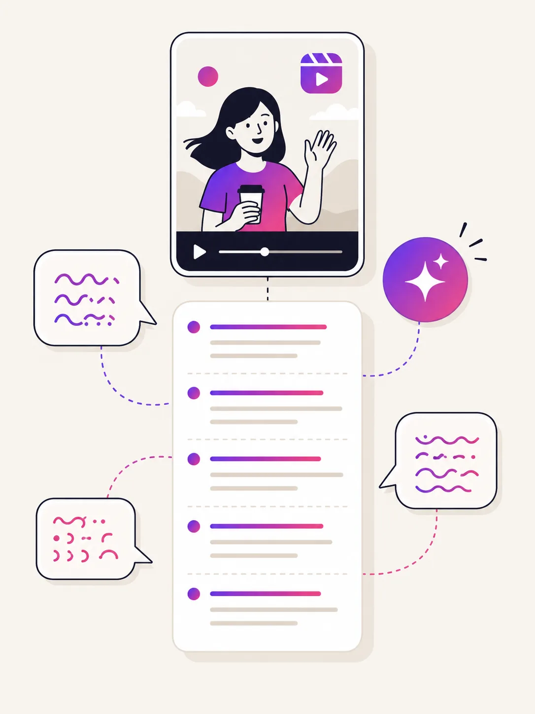 Illustration of a Reel unrolling into transcript text with multilingual speech bubbles