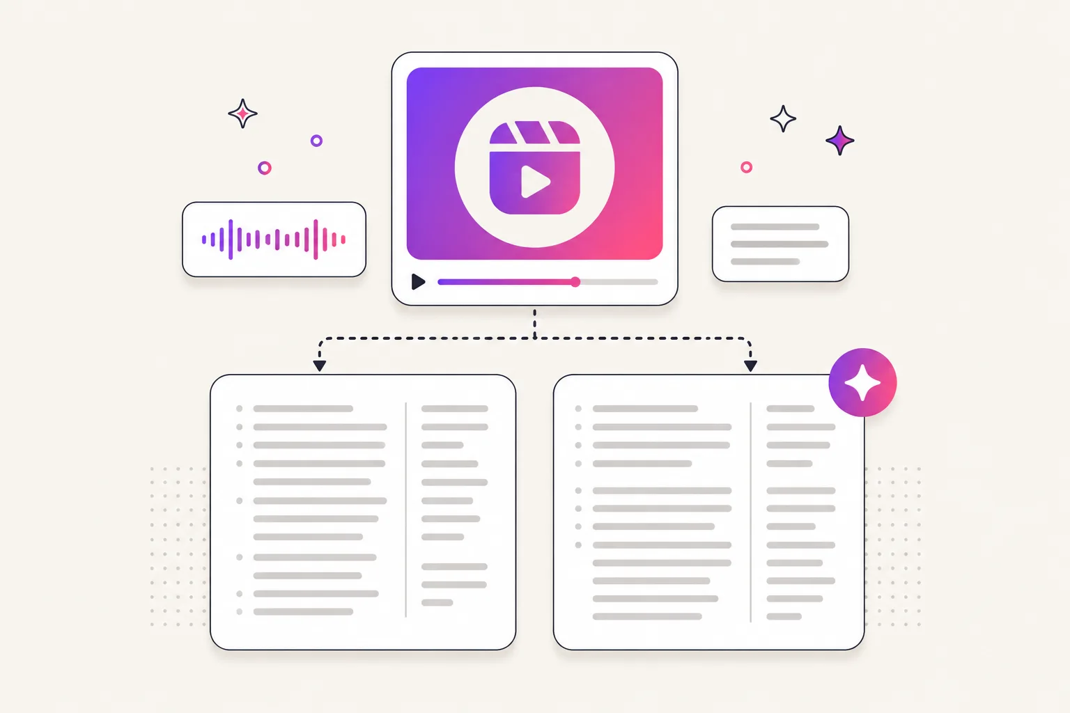 Illustration of a reel card converting into documents of text lines