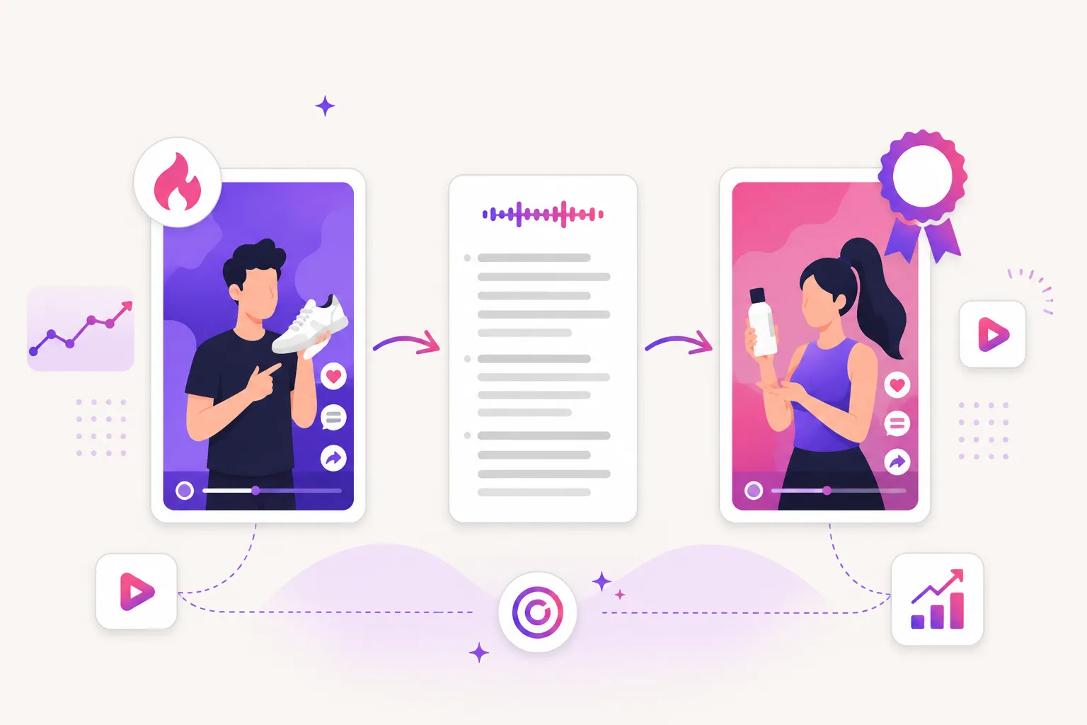 Illustration of a trending video becoming a transcript and then a new product ad