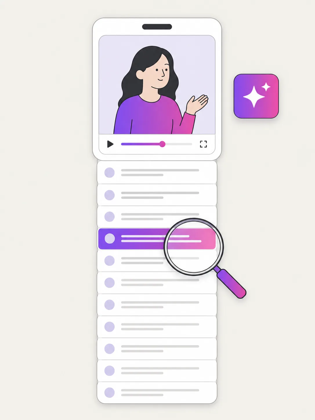 Illustration of a short video unrolling into transcript text lines under a magnifying glass