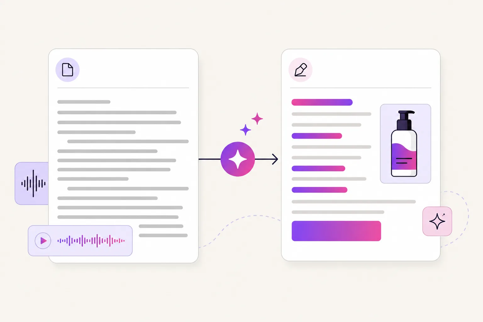 Illustration of a transcript transforming into a new ad script with a product icon