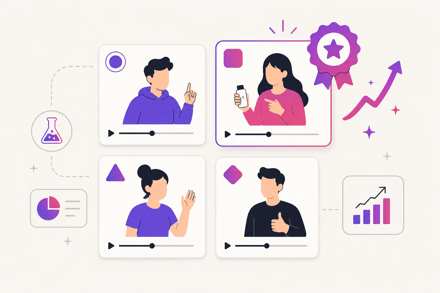 Illustration of four UGC video variants with hook badges, one crowned as the winning ad