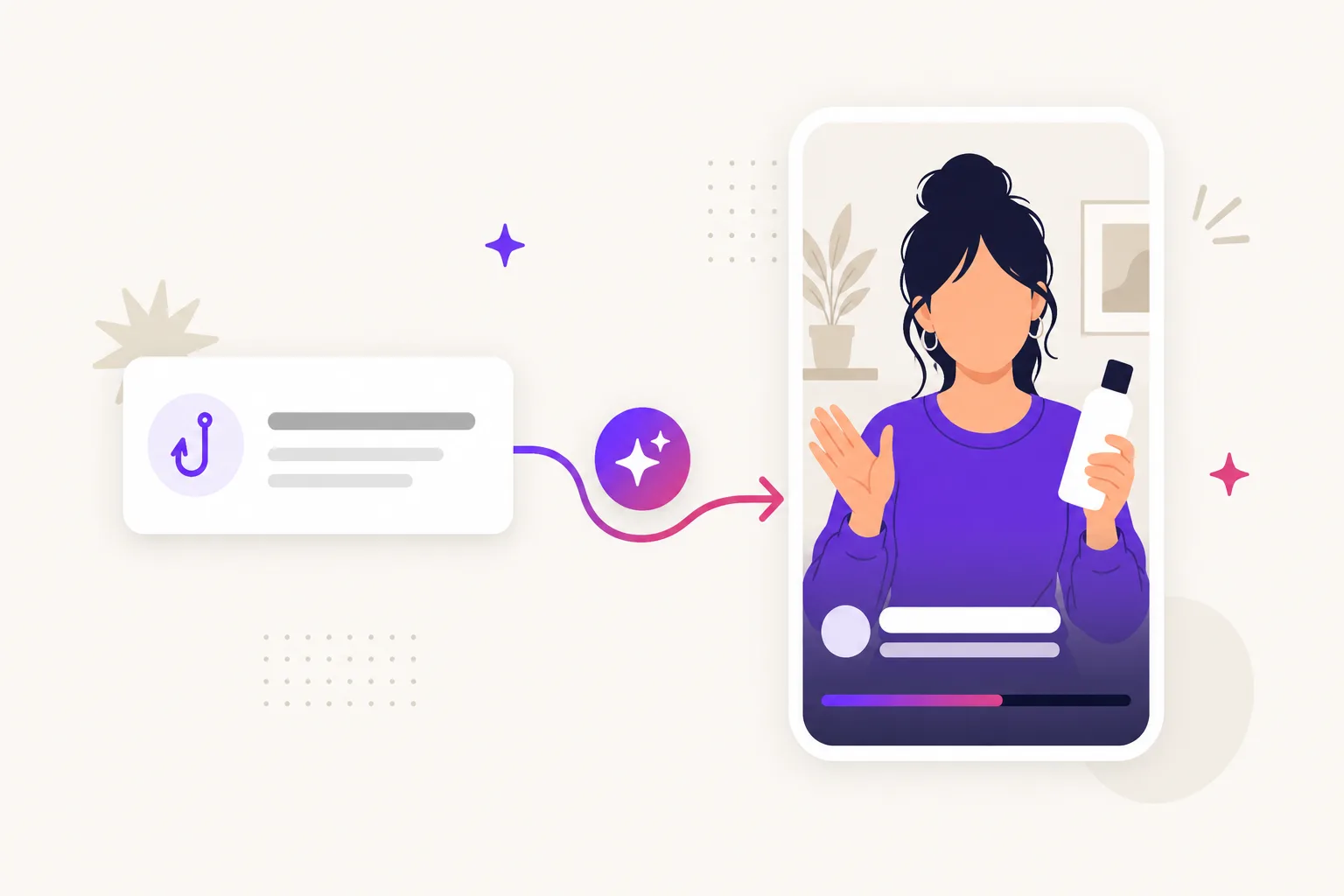 Illustration of a text hook turning into a vertical UGC-style video