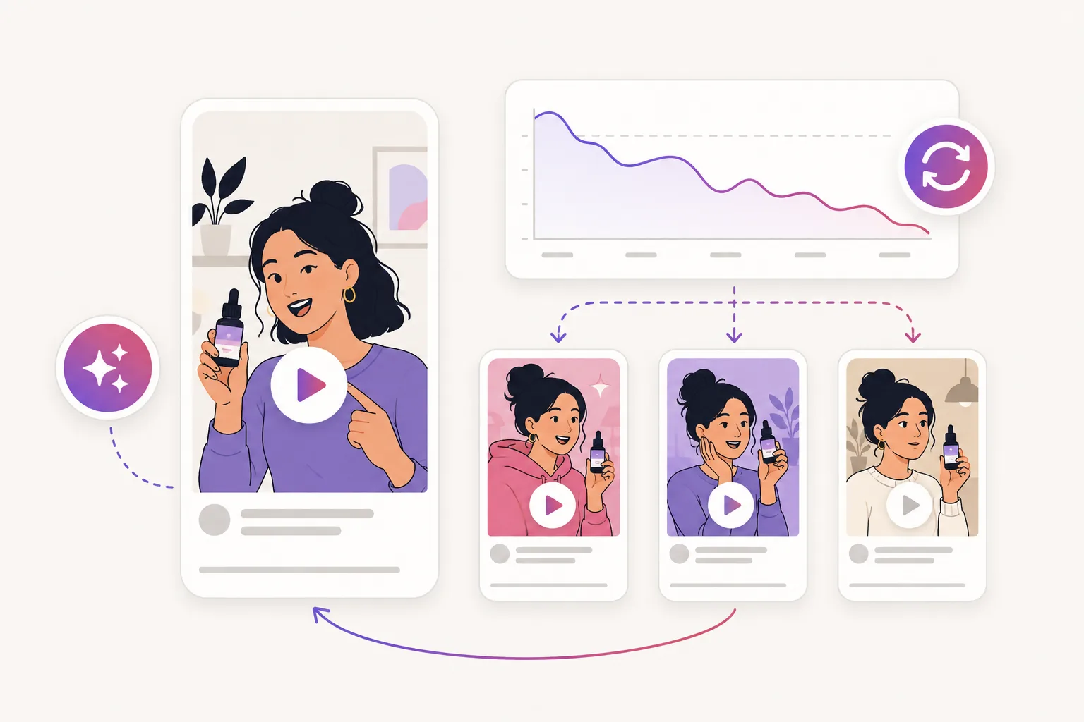 Illustration of a TikTok UGC creative testing workflow with a phone preview, analytics panel, and variant loop