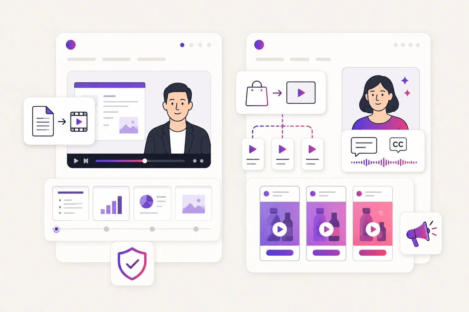 Illustration comparing an AI business-video workspace with a product-link UGC ad workflow
