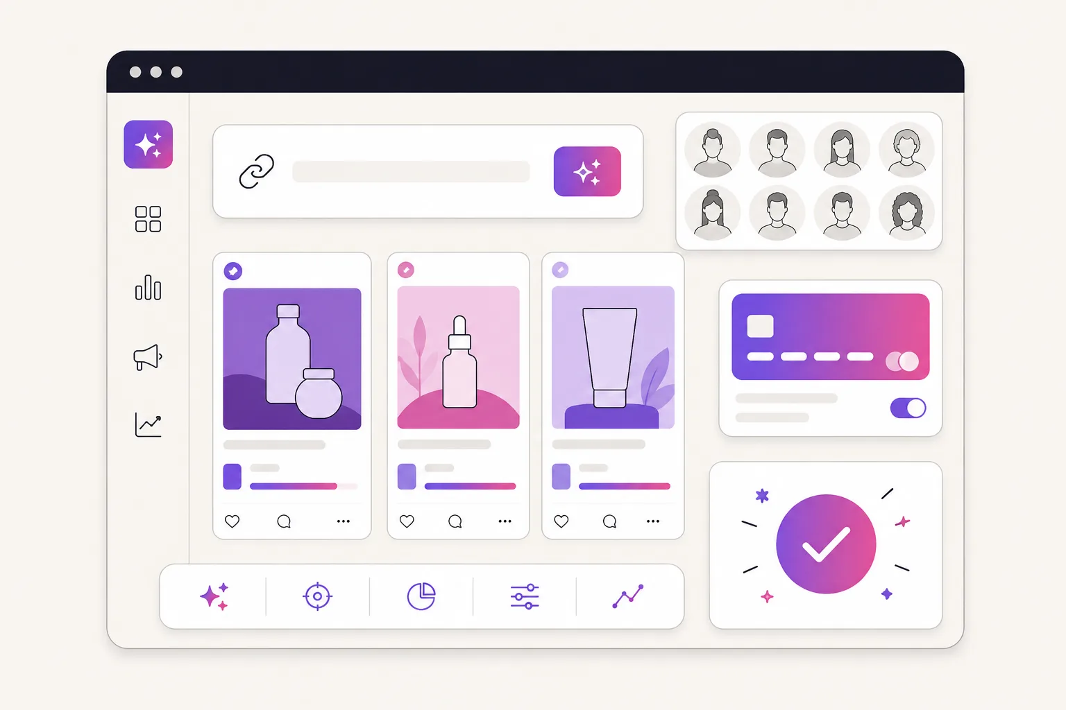Illustration of a Creatify review workspace with ad variants, AI actors, a product URL, and campaign controls