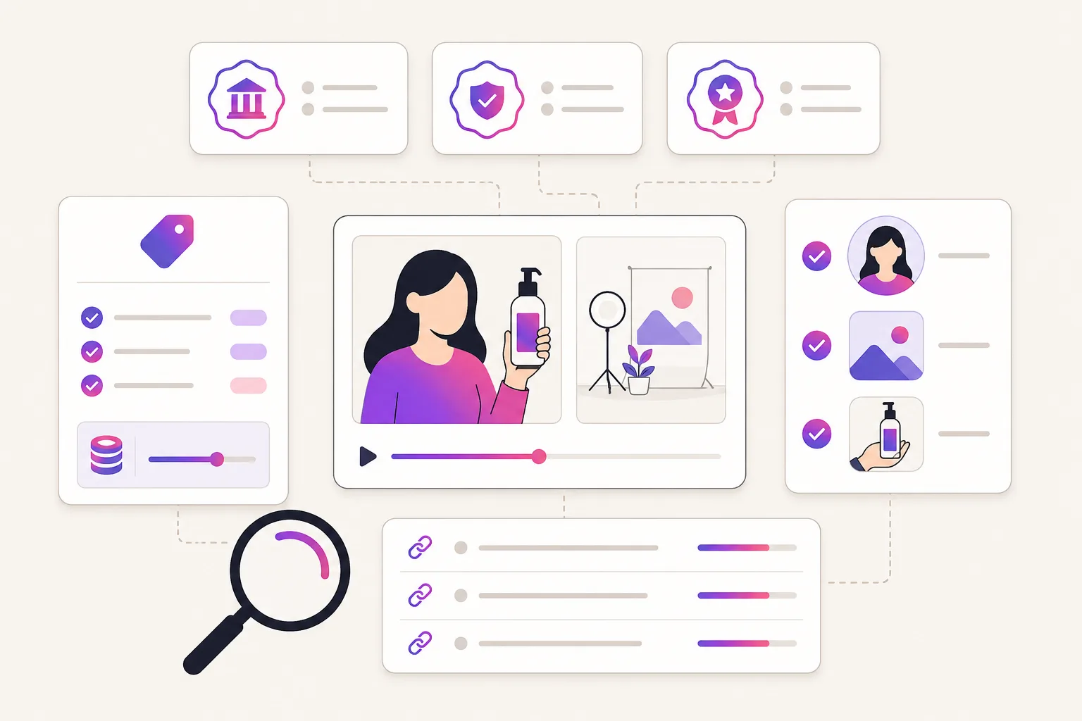 Illustration of a MakeUGC review evidence board with product, feature, and pricing sources