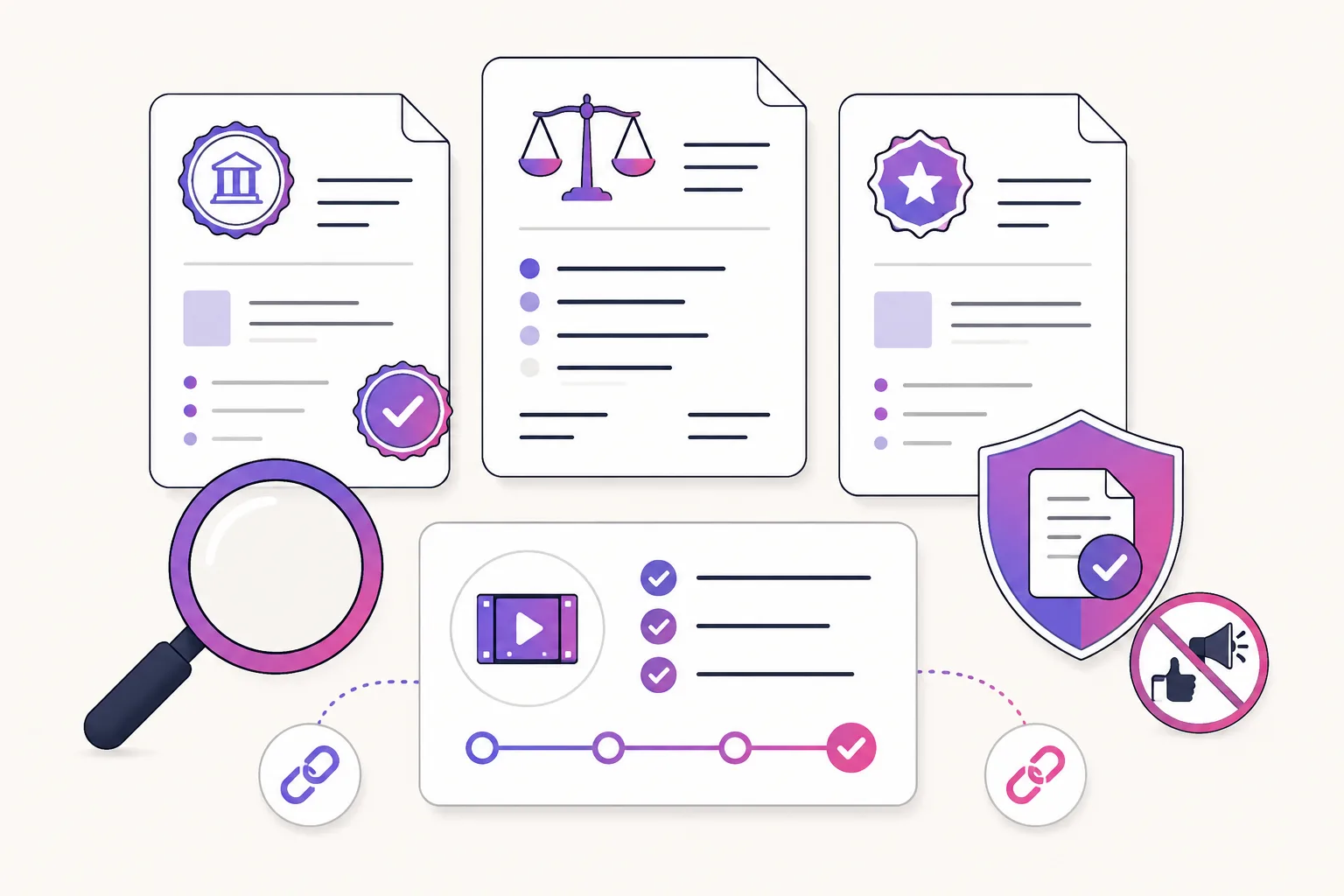 Illustration of official documentation, credit, and licensing checks for an AI video review